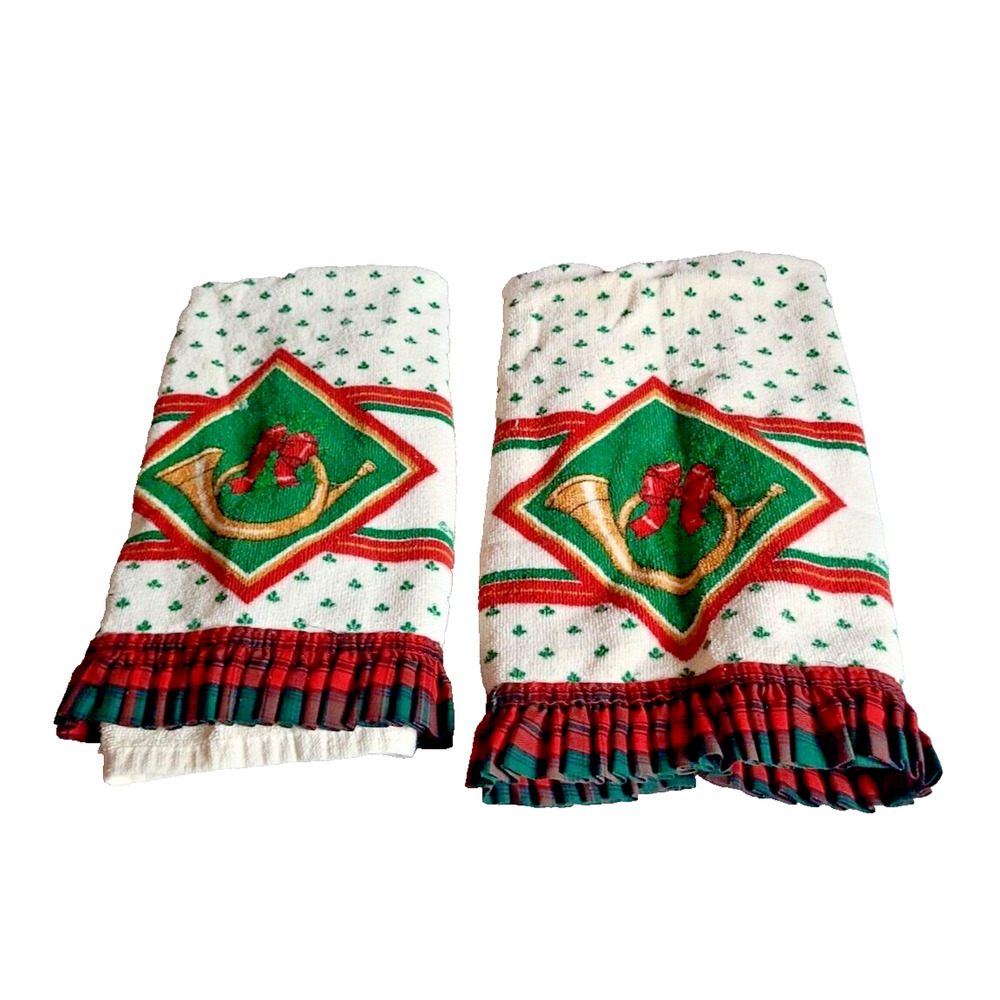 VTG Lot of 2 The Kitchen Works White Christmas Theme Ruffle Trim Kitchen Towel